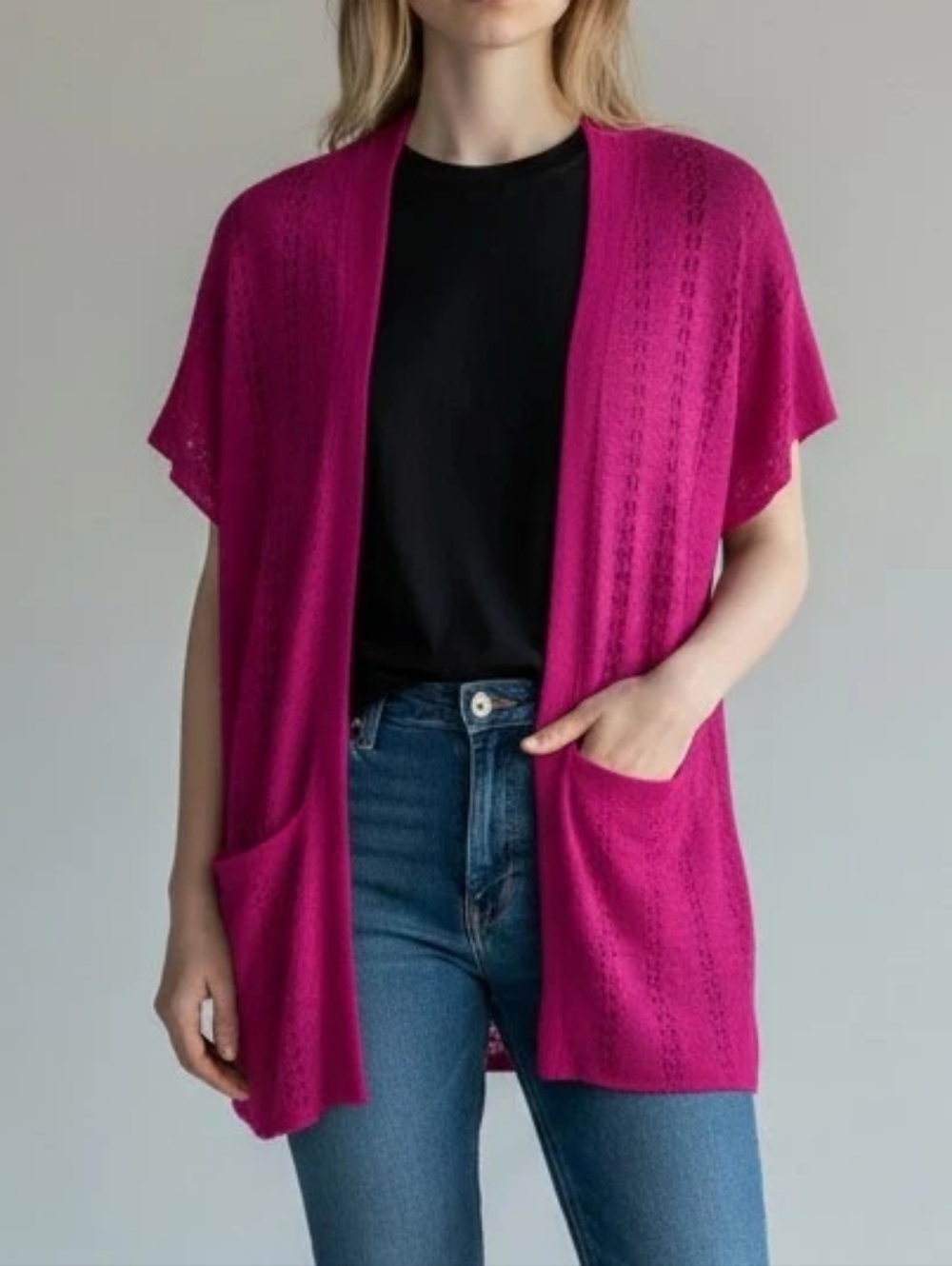 Madison Fuchsia Open Front Knit Cardigan w/pockets